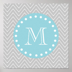 Grey & Blue Modern Chevron Custom Monogram Poster