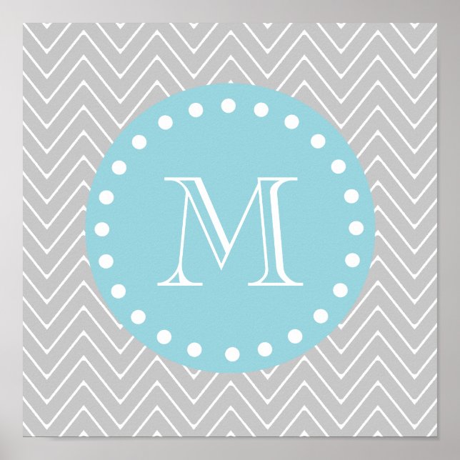 Grey & Blue Modern Chevron Custom Monogram Poster (Front)
