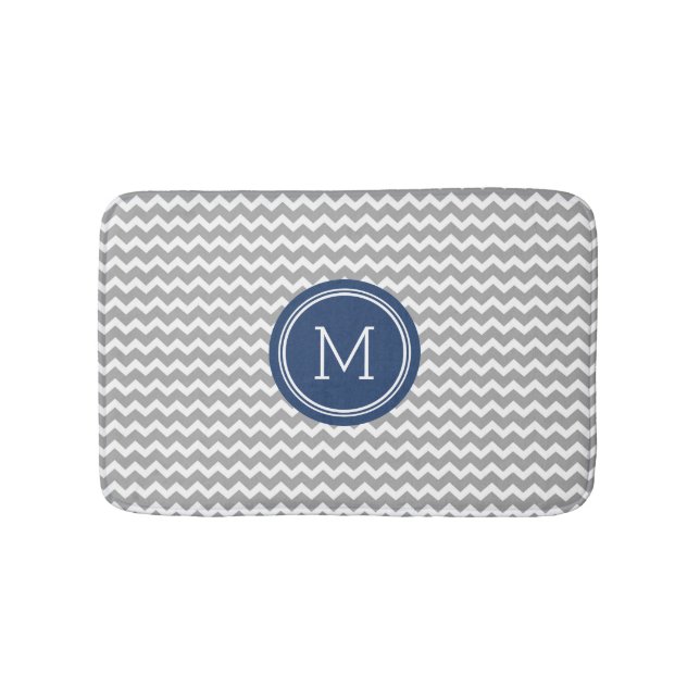 Grey Blue Monogram Chevron Stripes Bathmat (Front)