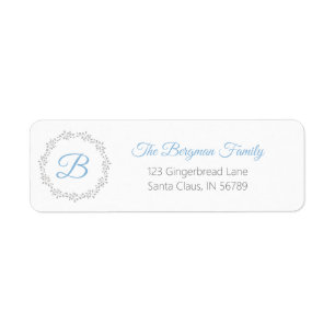 Grey Blue Monogram Holiday Wreath Return Address Label