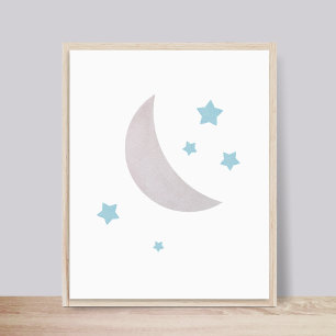 Grey & Blue Moon and Stars Nursery Poster