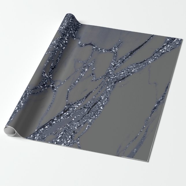 Grey Blue Navy Graphite Glitter Marble Stone Lux Wrapping Paper (Unrolled)