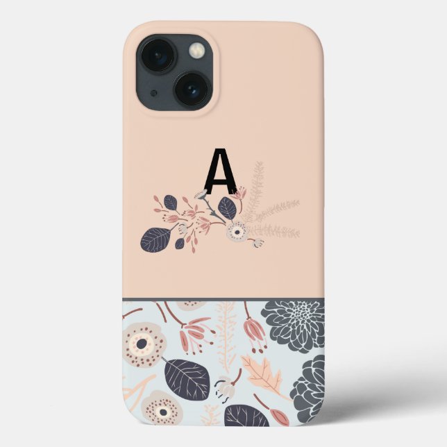 Grey Blue Peach Floral Repeat Monogram Case-Mate iPhone Case (Back)