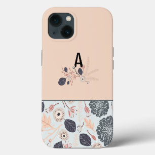 Grey Blue Peach Floral Repeat Monogram iPhone 13 Case