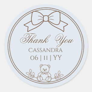 Grey Blue Personalised Teddy Bear Bow Classic Round Sticker