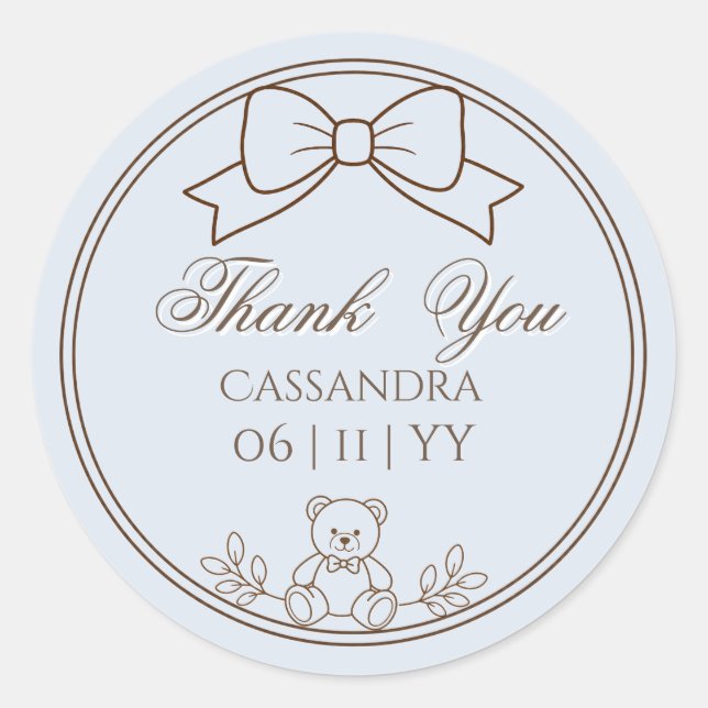 Grey Blue Personalised Teddy Bear Bow Classic Round Sticker (Front)
