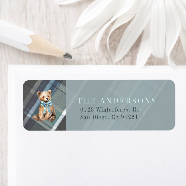 Grey & Blue Plaid Teddy Bear Bow Return Address Label (Insitu)