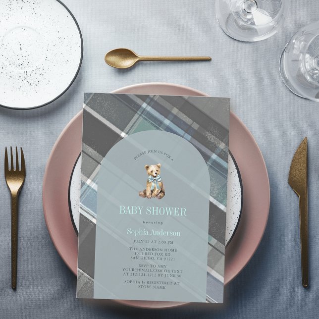 Grey & Blue Plaid Teddy Bear Boy Baby Shower Invitation (Creator Uploaded)