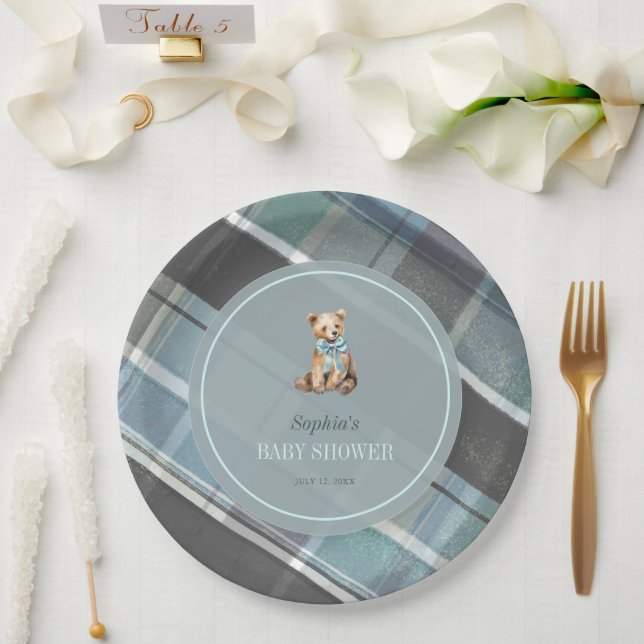 Grey & Blue Plaid Teddy Bear Boy Baby Shower Paper Plate (Wedding)