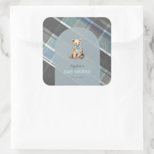 Grey & Blue Plaid Teddy Bear Boy Baby Shower Square Sticker