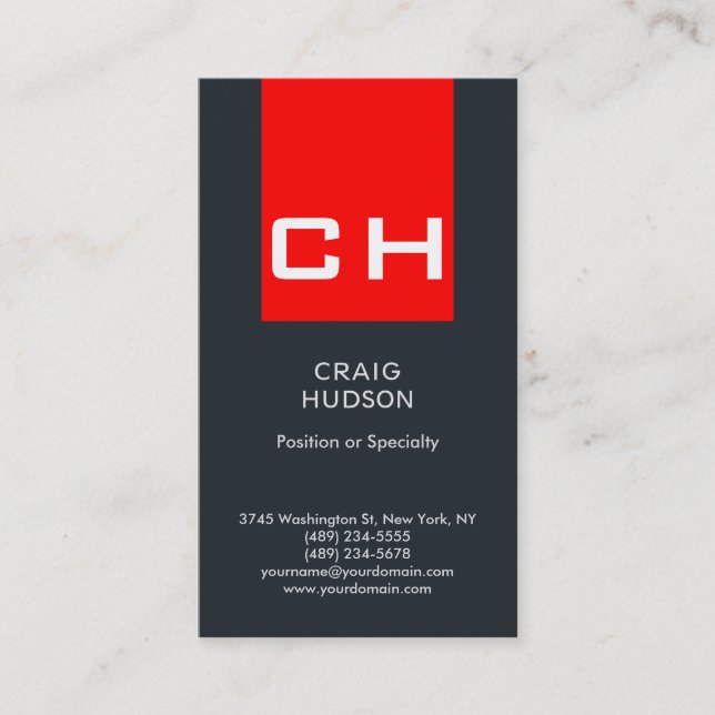 Grey Blue Red Monogram Professional Business Card (Front)