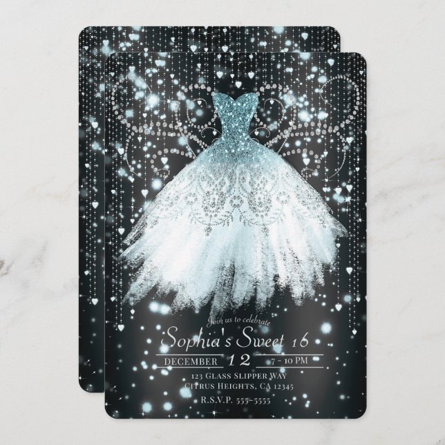 Grey Blue & Silver Glitter Dress Sweet 16 Party Invitation (Front/Back)