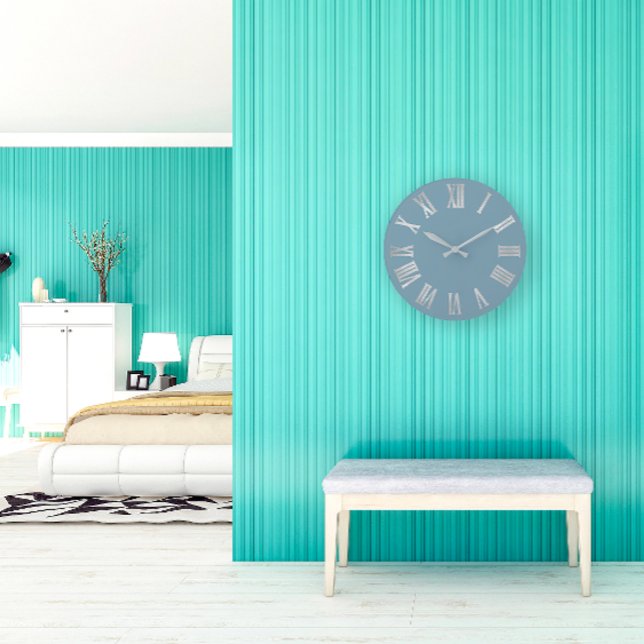 Grey Blue Silver Metallic Gray Roman Numbers Large Clock (Gray Blue Silver Metallic Gray Roman Numbers Large Clock)