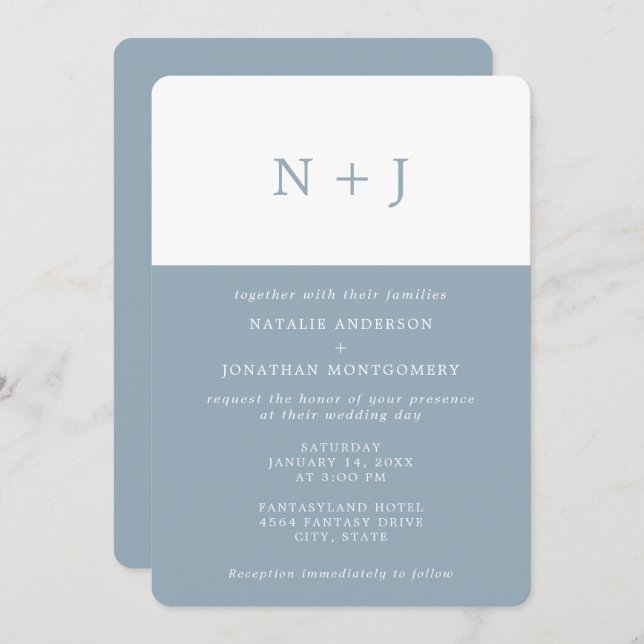 grey blue Simple Elegant Classic Minimal Wedding Invitation (Front/Back)