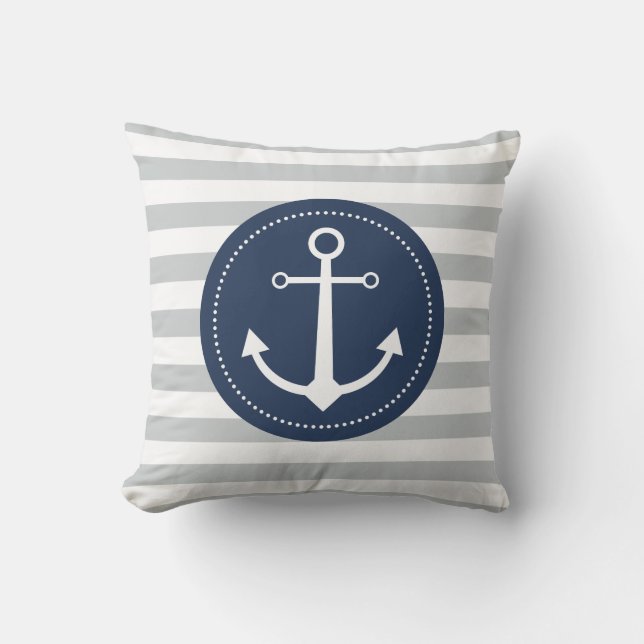 Grey & blue striped anchor pillow (Front)