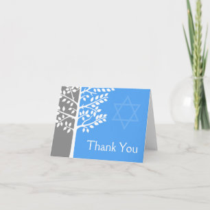 Grey Blue Tree of Life Bar Mitzvah Thank You Card