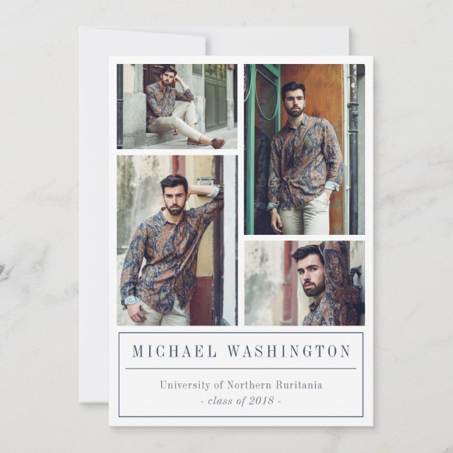 Grey & Blue Triangle Pattern 4 Photos Graduation Announcement (Front)