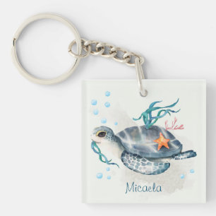 Grey Blue Turtle Ocean Scene with monogram Key Ring