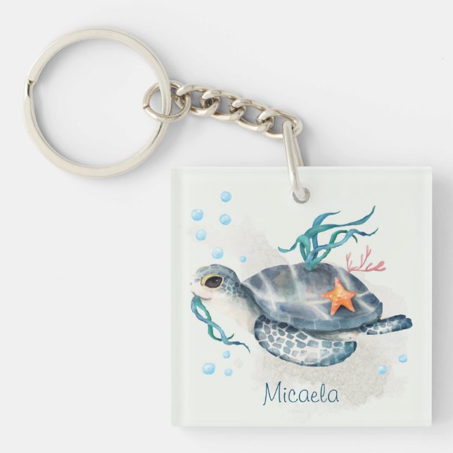 Grey Blue Turtle Ocean Scene with monogram Key Ring (Front)