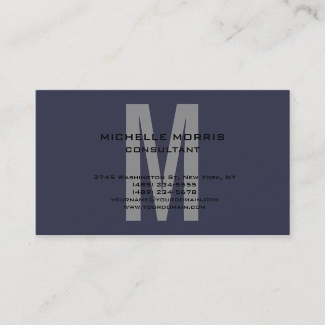 Grey Blue Unique Original Classical Monogram Business Card (Front)