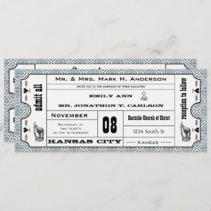 Grey Blue Vintage Modern Typography Ticket Wedding Invitation