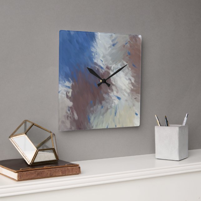 Grey Blue White Abstract Brushstrokes Square Wall Clock (Office)