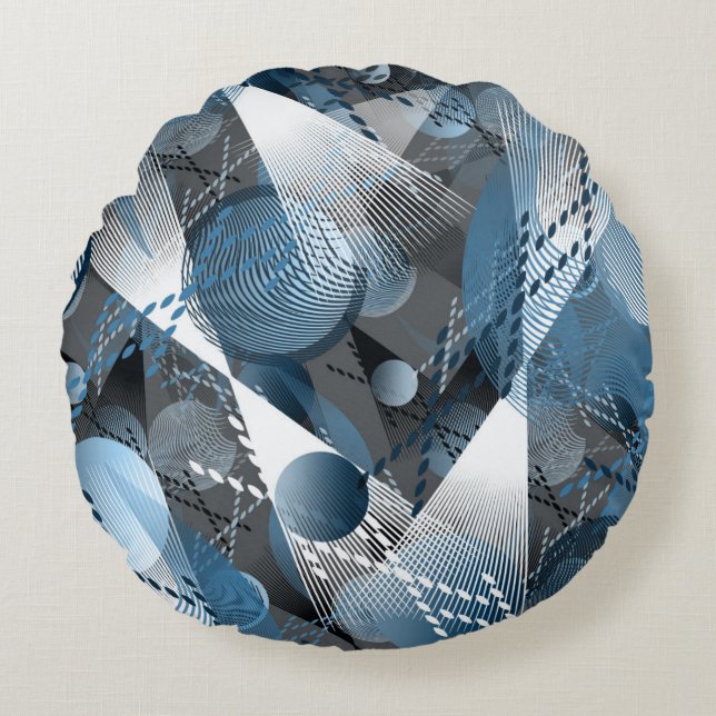 Grey, blue, white abstract pattern. round cushion (Front)