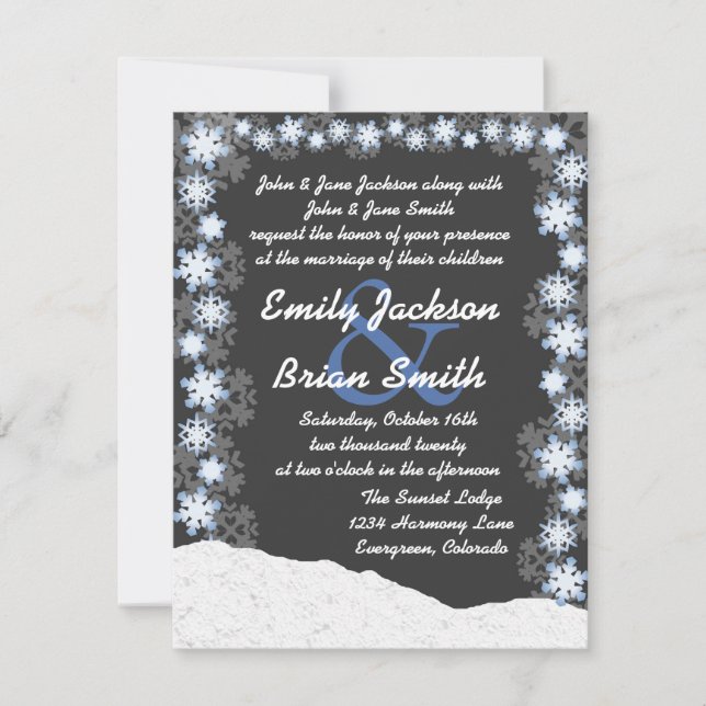 Grey blue white snowflake custom wedding invites (Front)