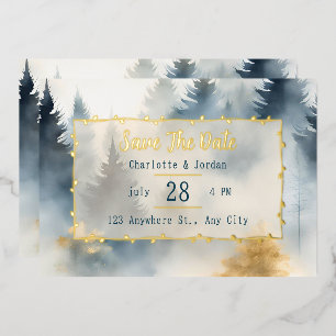 Grey Blue Winter Pine Tree Monogram Save The Date