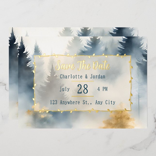 Grey Blue Winter Pine Tree Monogram Save The Date (Front/Back)
