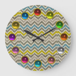 GREY BLUE YELLOW MOSAIC CHEVRON COLORFUL GEMSTONES LARGE CLOCK
