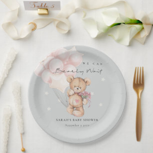 Grey Blush Bearly Wait Bear Balloon Baby Shower Paper Plate