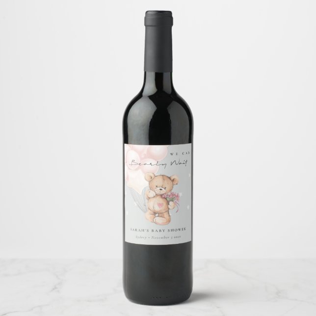 Grey Blush Bearly Wait Bear Balloon Baby Shower Wine Label (Front)