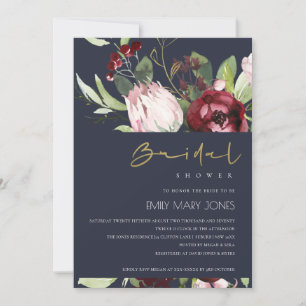GREY BLUSH BURGUNDY PROTEA FLORAL BRIDAL SHOWER INVITATION