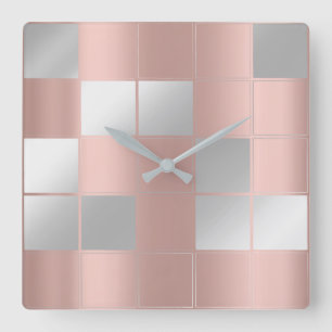 Grey Blush Chessboard Square Geometry Rose Wall Clock