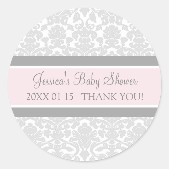 Grey Blush Damask Baby Shower Favour Stickers (Front)