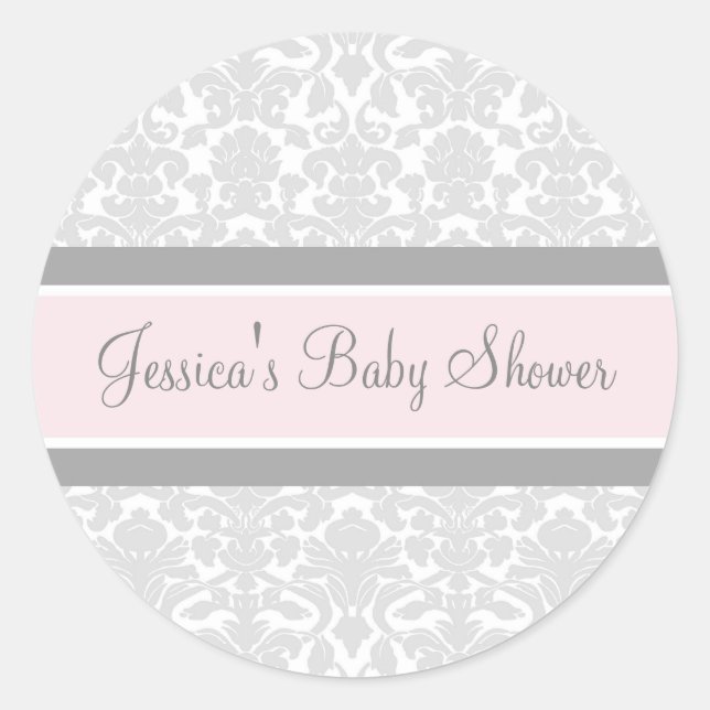 Grey Blush Damask Baby Shower Favour Stickers (Front)