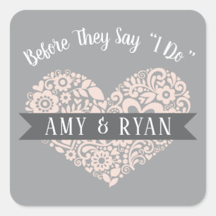 Grey Blush Floral Heart Bridal Shower Wedding Square Sticker