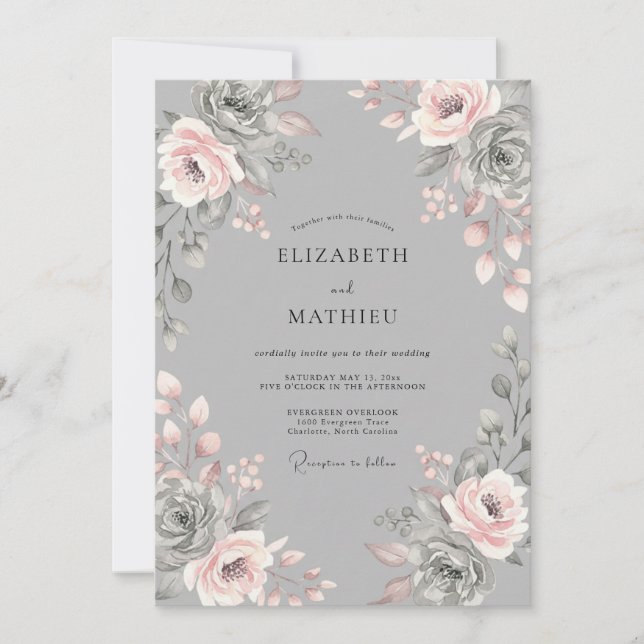 Grey Blush Floral Romantic Wedding Invitation (Front)
