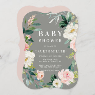 Grey Blush Floral Wreath Baby Shower Invitation
