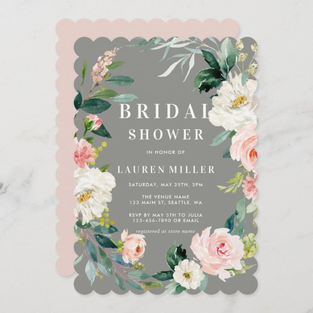 Grey Blush Floral Wreath Bridal Shower Invitation (Front/Back)