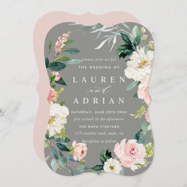 Grey Blush Floral Wreath Wedding Invitation (Front/Back)