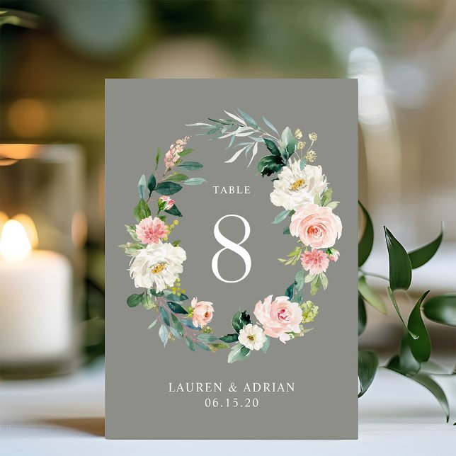 Grey Blush Floral Wreath Wedding Table Number (Creator Uploaded)