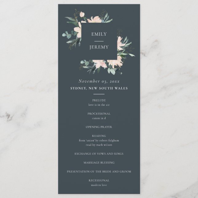 GREY BLUSH GOLD FLORAL WEDDING CEREMONY PROGRAM (Front)