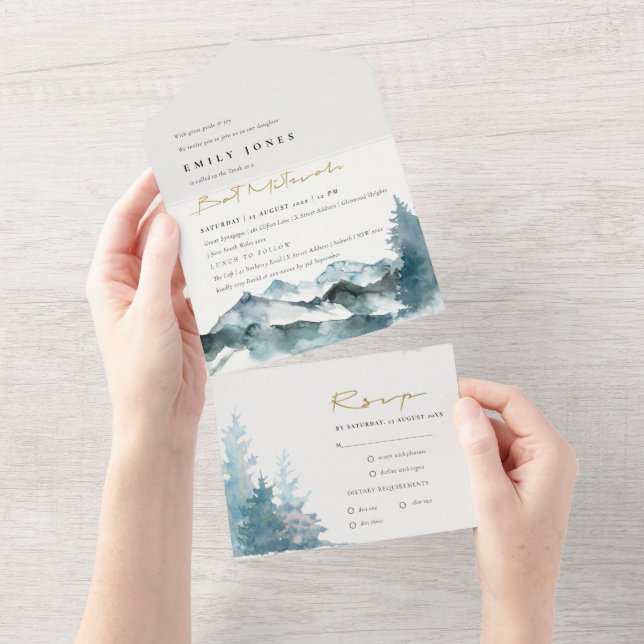 Grey Blush Green Blue Mountains Pine Bat Mitzvah All In One Invitation (Tearaway)