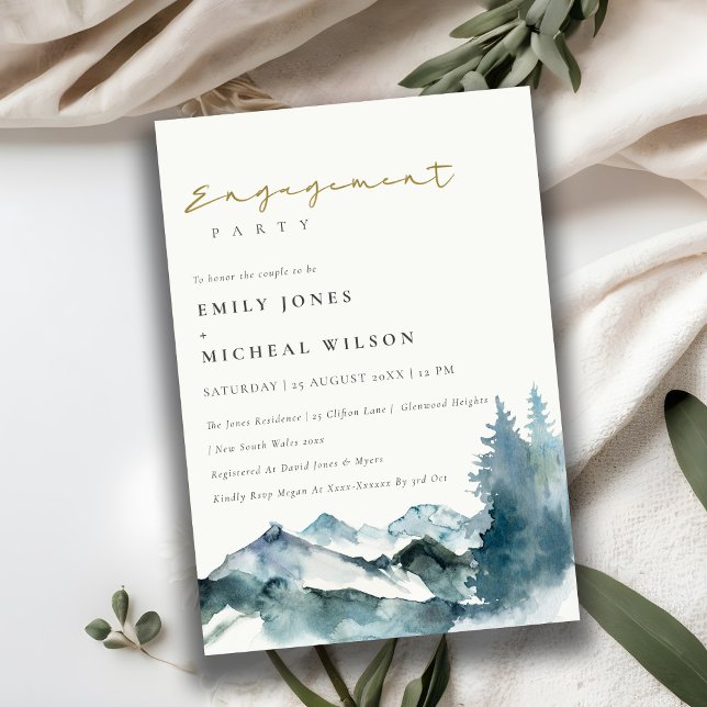 Grey Blush Green Blue Mountains Pine Engagement Invitation (Creator Uploaded)