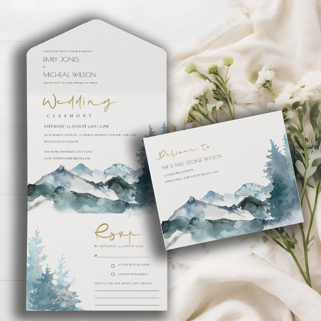 Grey Blush Green Blue Mountains Pine Wedding All In One Invitation (Creator Uploaded)