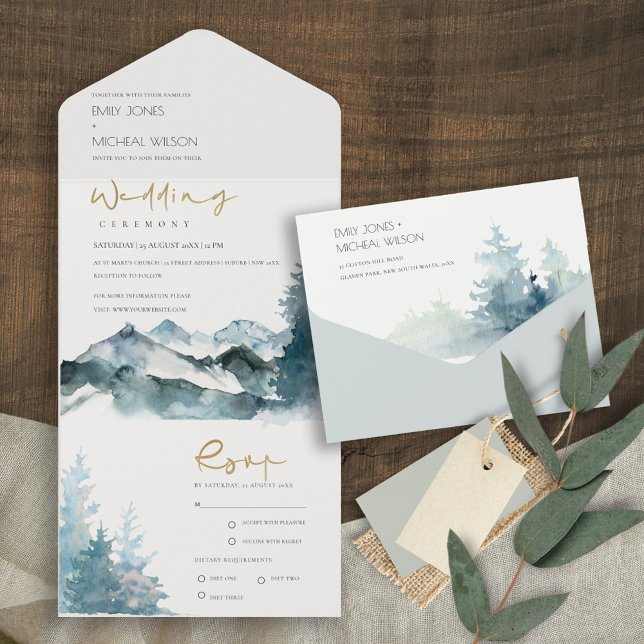 GREY BLUSH GREEN BLUE MOUNTAINS PINE WEDDING ALL IN ONE INVITATION (Creator Uploaded)