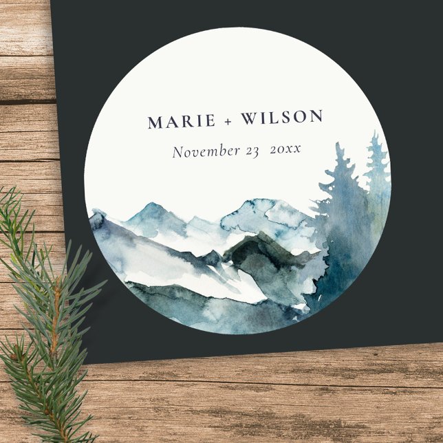Grey Blush Green Blue Mountains Pine Wedding Classic Round Sticker (Creator Uploaded)