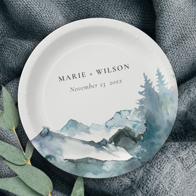 Grey Blush Green Blue Mountains Pine Wedding Paper Plate (Creator Uploaded)